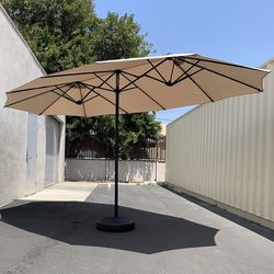 (New) $130 Large 15x9 FT Double Sided Umbrella with Weight Base set (Beige color)