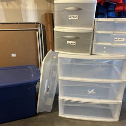 Misc plastic bins with drawers and lids