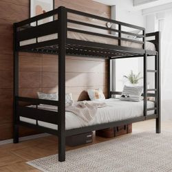 Honfach Bunk Bed Twin Over Twin, Heavy Duty Metal Bed with Ladder and Full-Length Guardrail, Under-Bed Storage Space, No Box Spring Needed, Noise Free