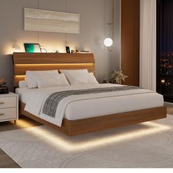 Feonase Floating Bed Frame Queen with Led Lights and Charging Station, Wood  Bed Frame with Storage Headboard, Heavy Duty Metal Slats, No Box Spring N