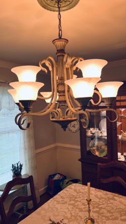 Chandelier Brass light fixture Sage Green crackled paint