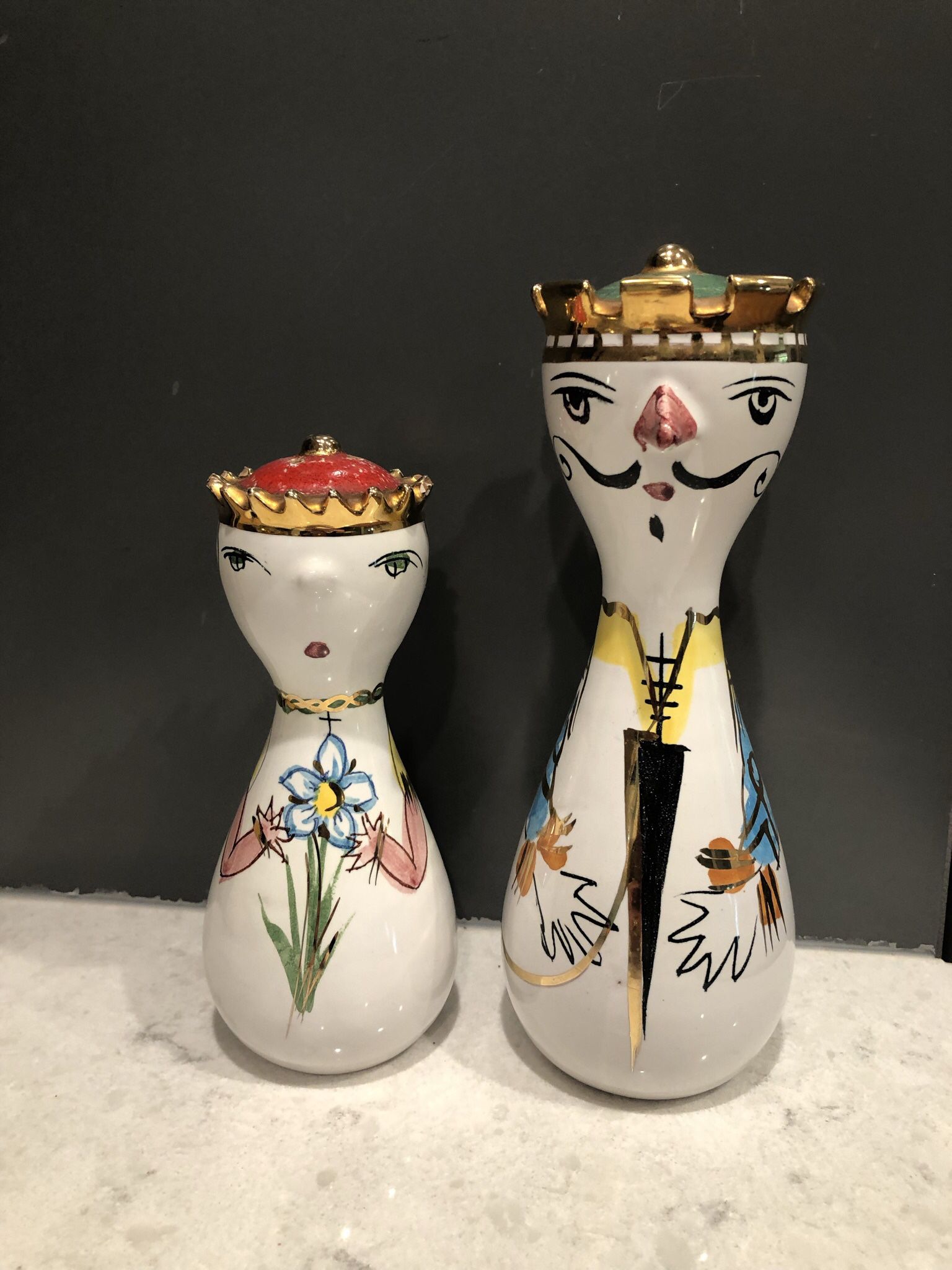 Antique Italian Ceramic Numbered Salt & Pepper Shakers. King & Queen