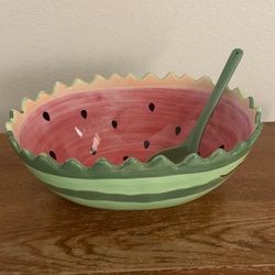 Large Watermelon Ceramic Bowl And Ceramic Green Spoon