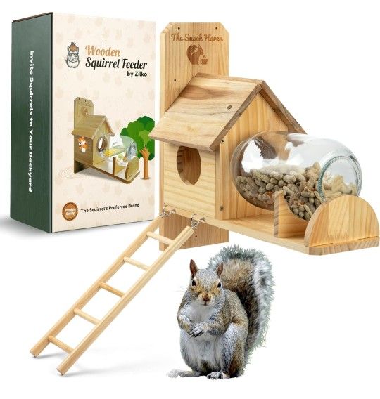 Wood Squirrel Feeders for Outside Large - Backyard Nut Bar Squirrel Feeder for Tree, Chipmunk House Kit for Peanuts and Corn - Natural Wooden Garden D