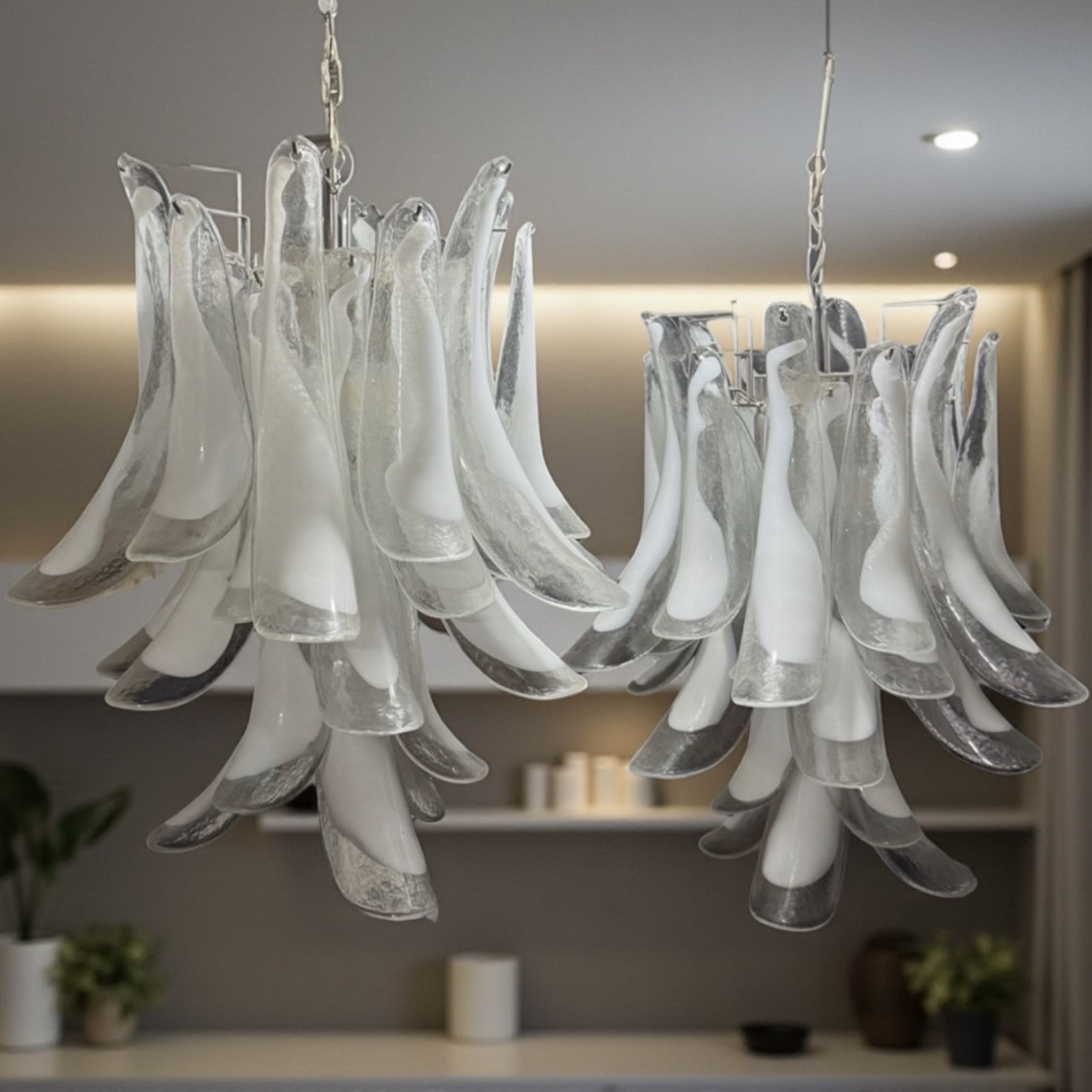 Mid Century / Contemporary Italian Imprt Murano Glass Petal Chandelier Lighting 2 Avail