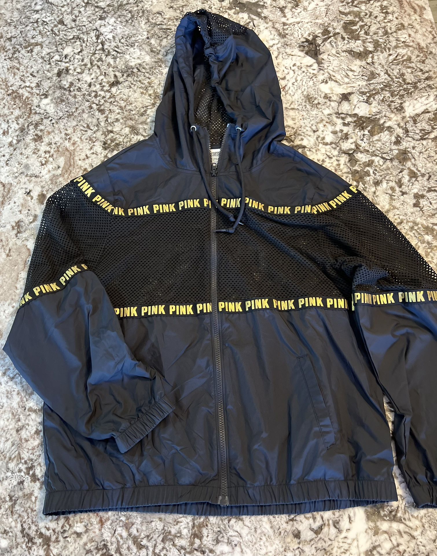 PINK Victoria's Secret Black Gold Logo Zip Mesh Hooded Windbreaker Jacket XS oversized  DM