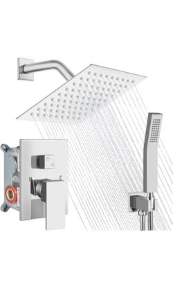 Shower Faucet Set,Wall Mount Shower System with Square Rain Shower Head and Hand Sprayer, Rough-in Valve Body and Trim Kit Included,8 Inch,Polish Chro