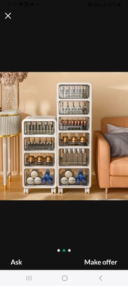 White transparent 6-layer plastic cosmetic storage cabinet with wheels - Large