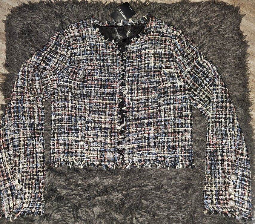 NWT Forever 21 Tweed Pink/Blk/Blue Plaid Jacket sz M, never worn in perfect condition