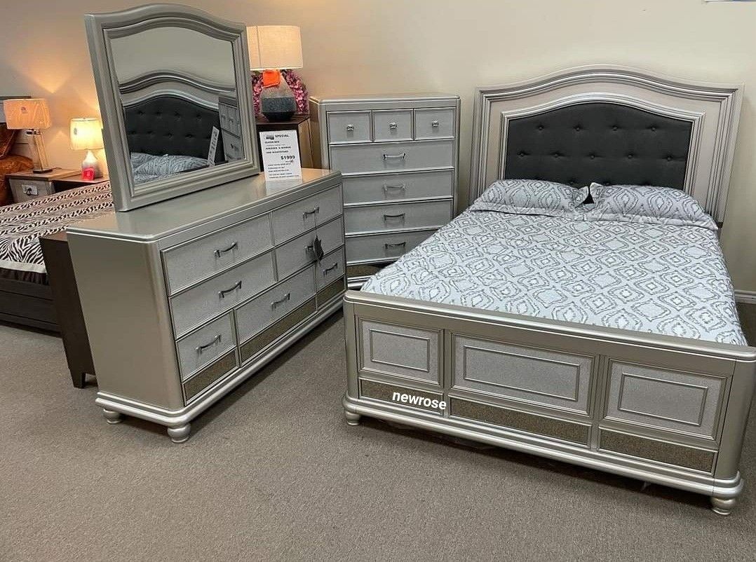 ✨️Same Day/ Next Day Delivery✨️ 
Coralayne Silver Upholstered Panel Bedroom Set
Bed, Dresser, Mirror And Nightstand 