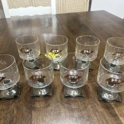 Vintage Mid-Century, Wells Fargo Stagecoach, Footed Wine Cocktail Glasses Set Of Eight