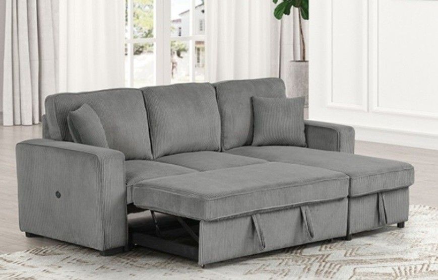 Brand New Grey Corduroy Sectional Sofa Storage Sleeper