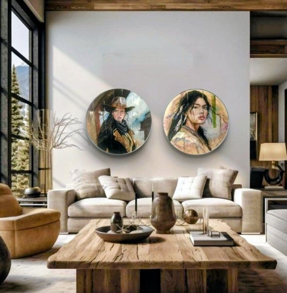"Cowgirl And Apache Indian" Oil And Acrylic On MDF,Round Original Paintings