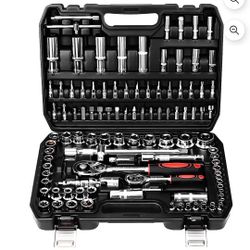 108 Pcs Mechanic Socket Tool Kit，CR-V Steel Metric and Standard 1/4" & 1/2" Ratchet set, Universal Joint, Extension Bars,Adapter,Ratchet Wrench,Socket