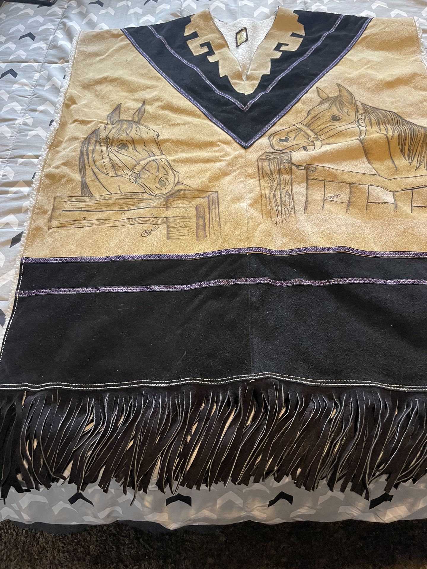 Authentic Suede Leather Stamped Zarape Poncho