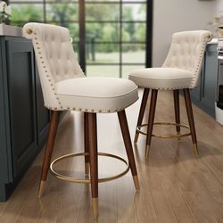 Set of 2 Swivel Counter Height Bar Stools, 24″ Velvet Counter Height Chairs with Wood Legs and Footrest, Upholstered Kitchen Stools, 300LBS Capacity, 