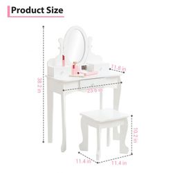 Kids Vanity Set with Adjustable Angle Mirror, Drawers and Stool Suitable for Age 3-10, White