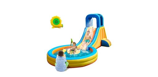 COCOFISH  Inflatable Water Slide for Kids – 5-in-1 Blow Up Bounce House with Long Slide, Climbing Wall, Splash Pool, Water Cannon, Spray Water Spout –