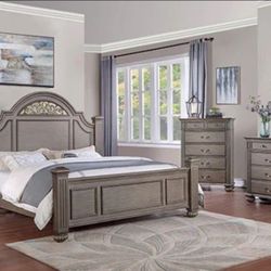Beautiful Grey Wood 4pc Bed Set With Elegant Leaf Design  Q/$1750 K/ $1900
