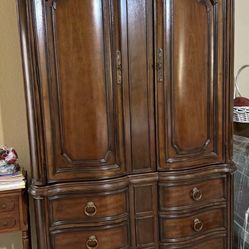 French Provincial Solid Wood Armoire — Carved Detail, 6 Drawers, Brass Hardware