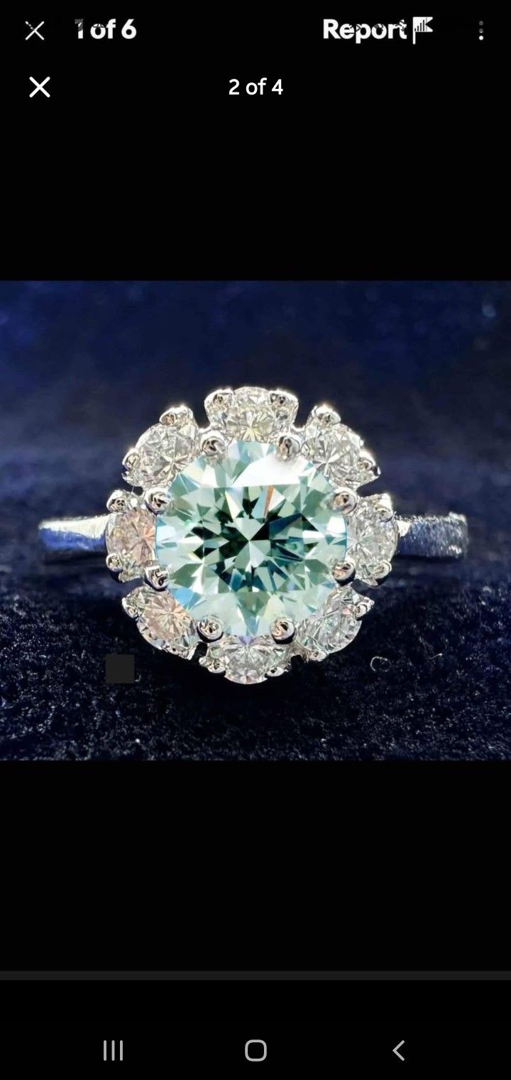 2 CT VVS Blue/White Round Moissanite Engagement Ring 925 Silver, Rhodium Plated, Size 7