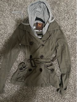 Dollhouse Olive Green Cropped Trench Coat Jacket with Hood - Medium