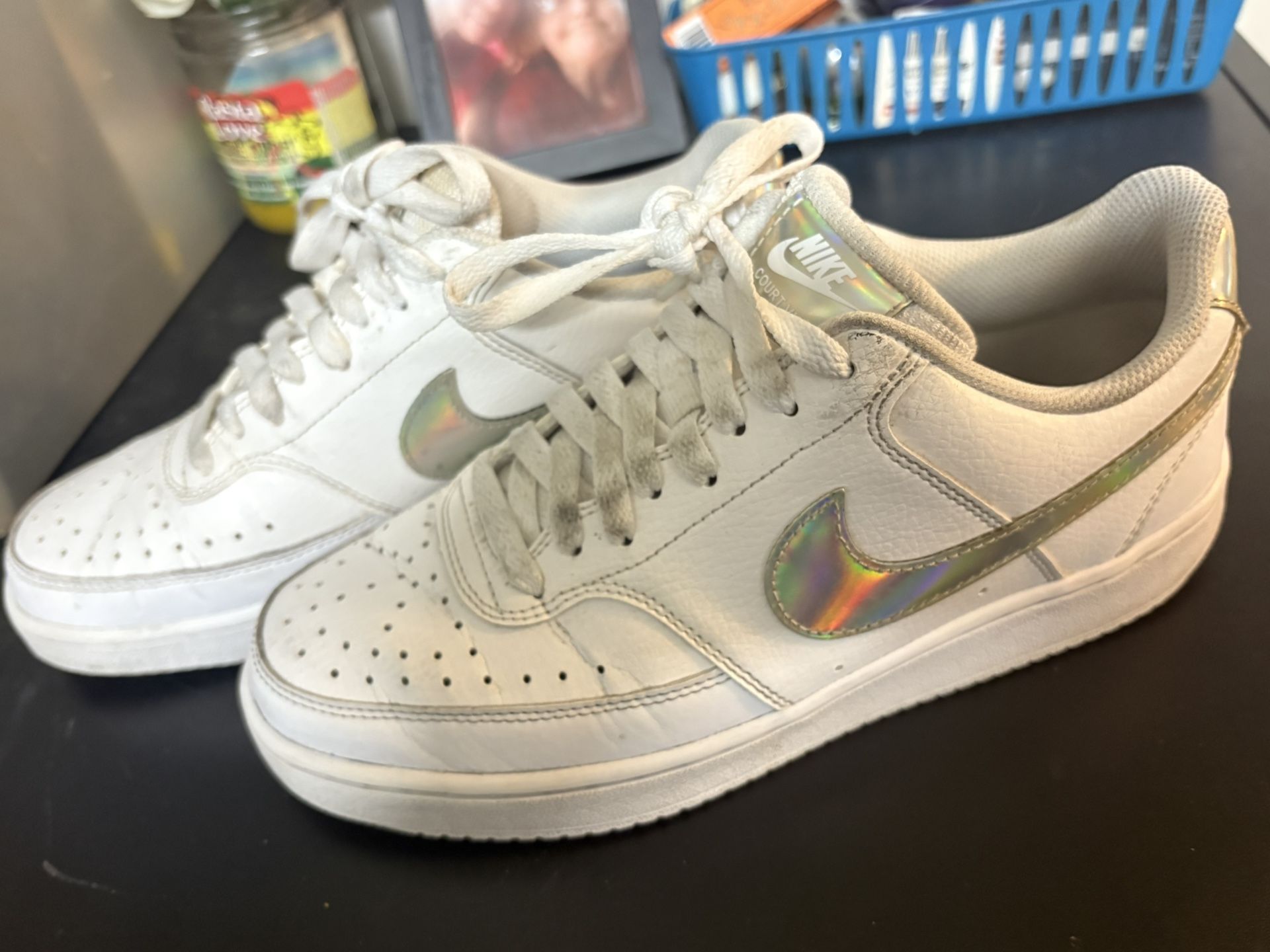 Nike Court Vision Low Womens Size 8.5 White Holo Leather Low Top Sneakers