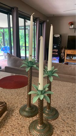Palm tree candle holders set of three and napkin holder