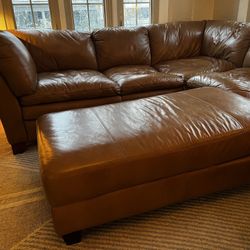 Camel Brown Leather Sectional Sofa & Ottoman
