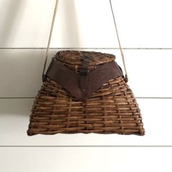 Vintage Handmade Wicker Fishing Creel Basket w/ Canvas Strap Cottagecore