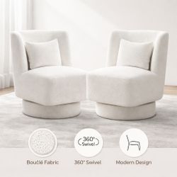 Set Of 2 Ivory Boucle Modern Armless Swivel Accent Chairs [NEW] **Assembly Req** 