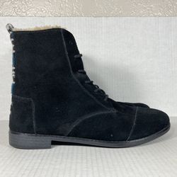 Toms Alpa Size 9 Womens Booties Black Blue White Suede Leather Fur Comfort Boots