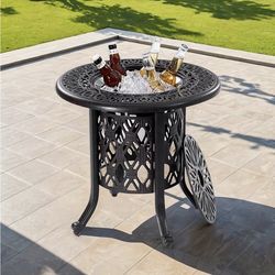 21" Cooler Side Table with Removable Ice Bucket, Food-Grade 304 Stainless Steel 2-in-1 Bucket, Rustproof Cast Aluminum Frame, Hand-Brushed Finish, Per