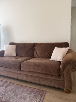 Brown La Z Boy Fabric Sofa with Nailhead Trim