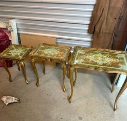 Italian Gold & Green vintage Florentine Nesting Tables, Set of Three Tables,