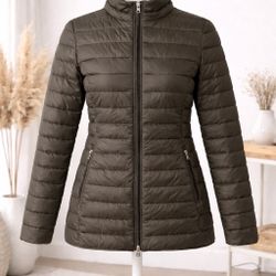 JOTT Lightweight Down Puffer Jacket Olive Green Packable Travel Coat Women’s S