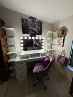 Complete Impressions Vanity Makeup Station – Mirror, Glass Vanity, Shelves, IKEA Storage & Chair