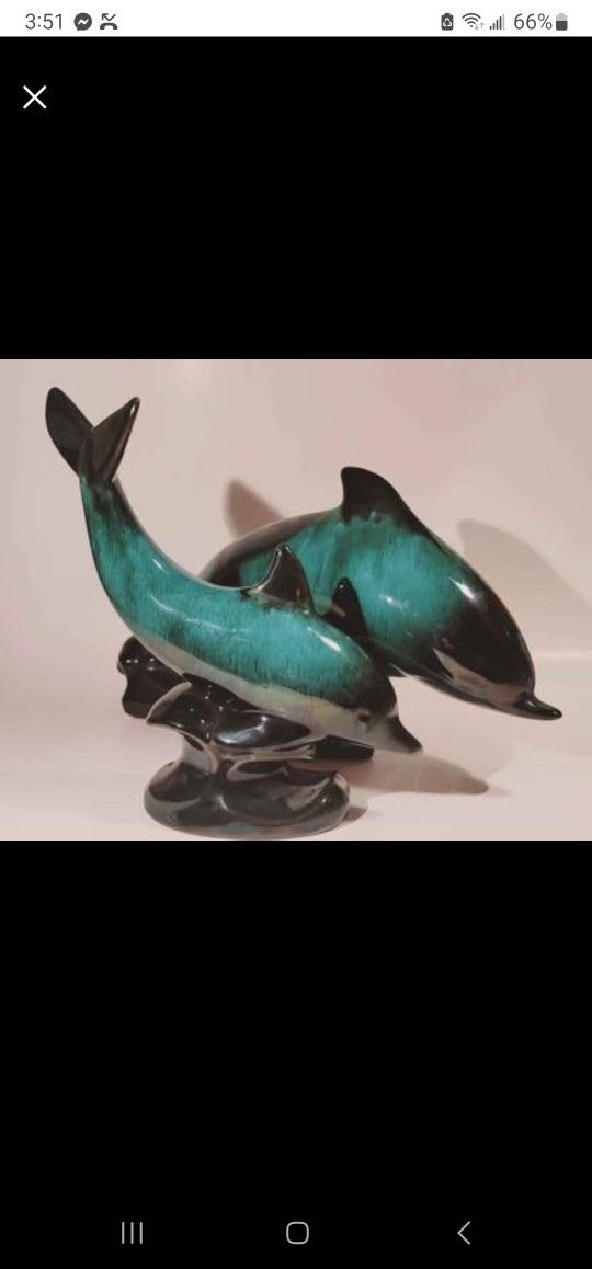 Vintage Set Of 2 Drip Glaze Dolphin Mom & Baby Figurines By Blue Mountain Pottery