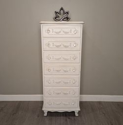 Vintage French Provincial Lingerie Chest – Solid Wood, Rose Appliqué & Crystal Knobs