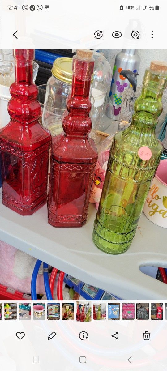 2 Red And 1 Green Vintage Bottles Decorative