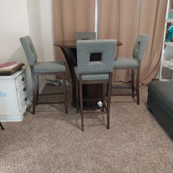 Tall Pub Table with 4 Gray Fabric Bar Stools