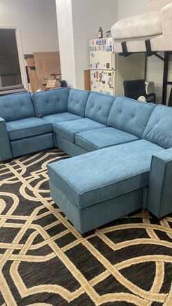 New Blue Fabric Sectional Sofa with Ottoman