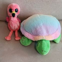 Pink Flamingo and Colorful Turtle Plushies
