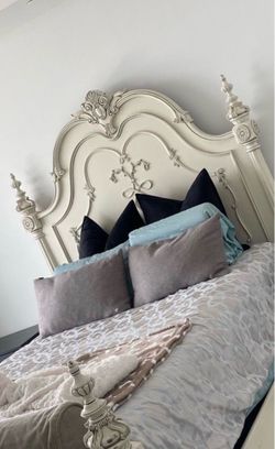 QUEEN - White Wash Carved Princess Bed frame , headboard and footboard