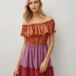 C' isa Off-the-Shoulder Ruffled Dress Burnt Orange Tiered Purple/Maroon Sz M NWT