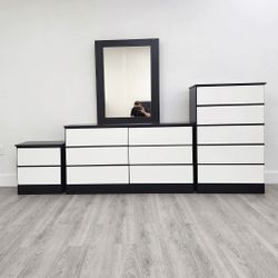 DRESSER WITH MIRROR, CHEST AND ONE NIGHTSTAND
