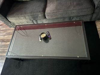 Glass tables, mini fridge, and ac