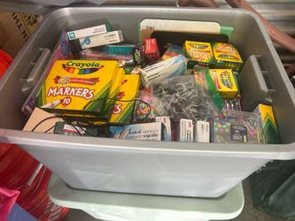Bin of school supplies