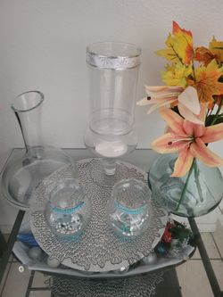 2 Decanters & Floral Glass  Vase Decor 