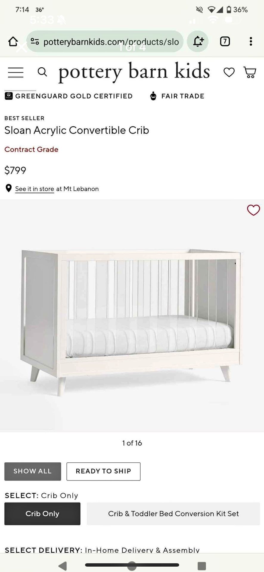 Pottery Barn Sloan Acrylic Crib + Mattress